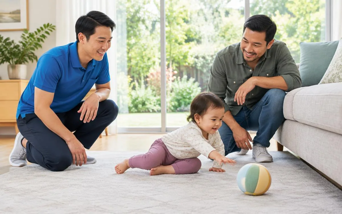 A physical therapist and father observing a toddler moving toward a ball during floor play