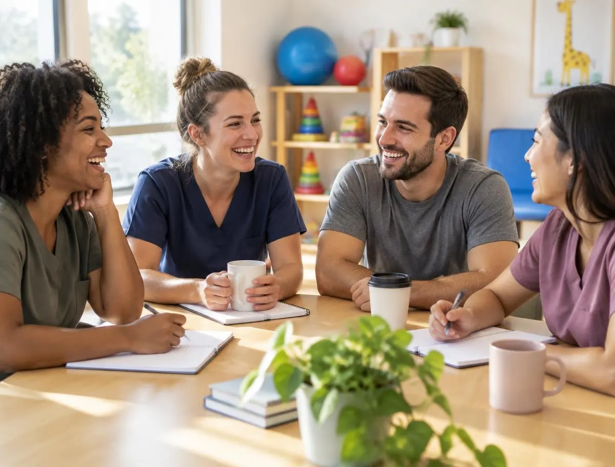 Pediatric therapists laughing together during a team meeting