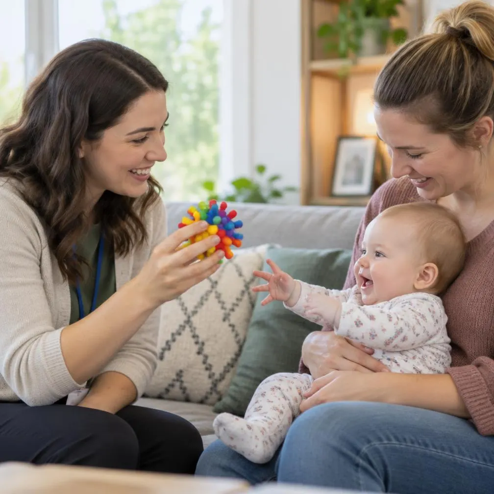 A clinician sharing a colorful sensory toy with a laughing baby and their parent