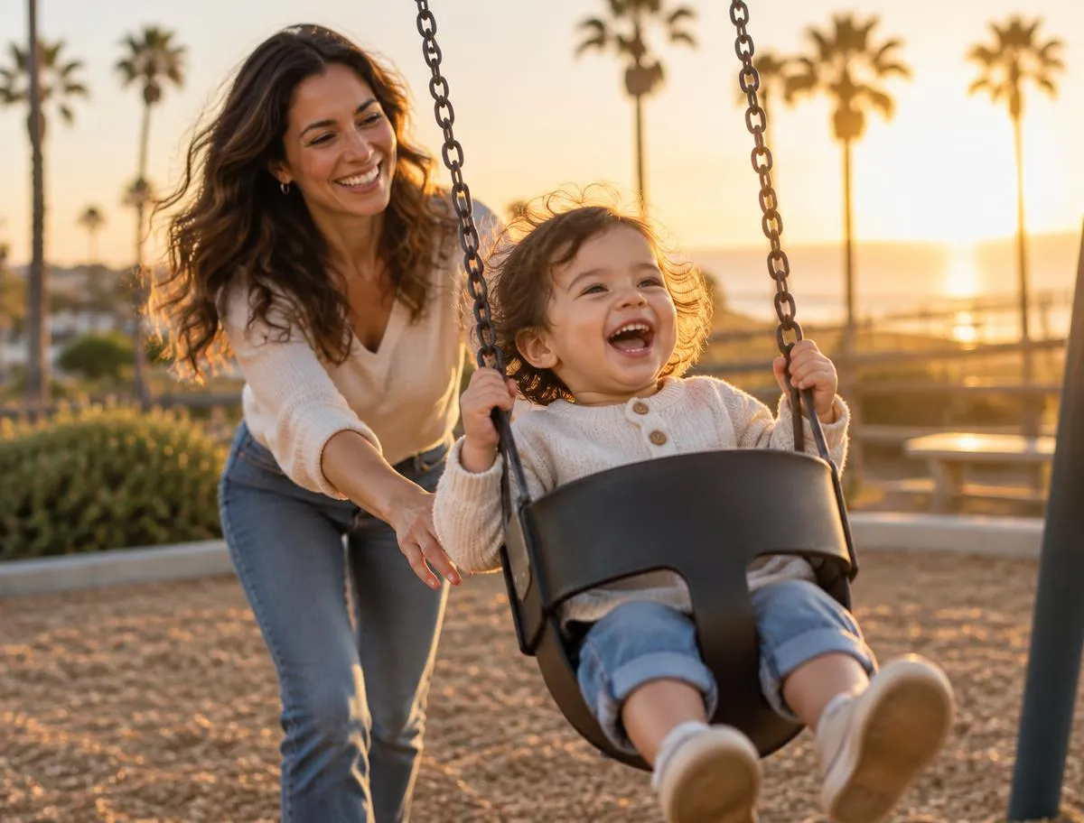 A joyful woman pushing a laughing toddler on a swing at a playground during golden hour, with palm trees in the background