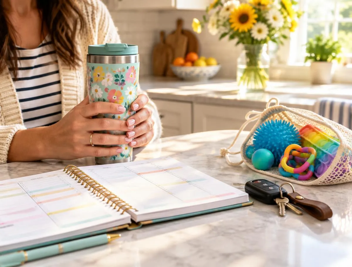 A clinician's hands holding a floral travel mug beside a weekly planner, car keys, and a bag of children's sensory toys on a sunny kitchen counter