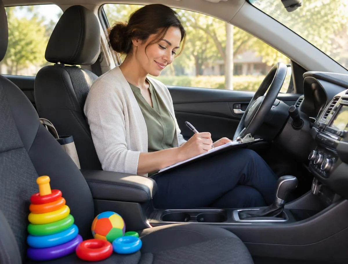 A pediatric therapist writing session notes on a clipboard in the driver's seat of a parked car, with colorful stacking rings on the passenger seat