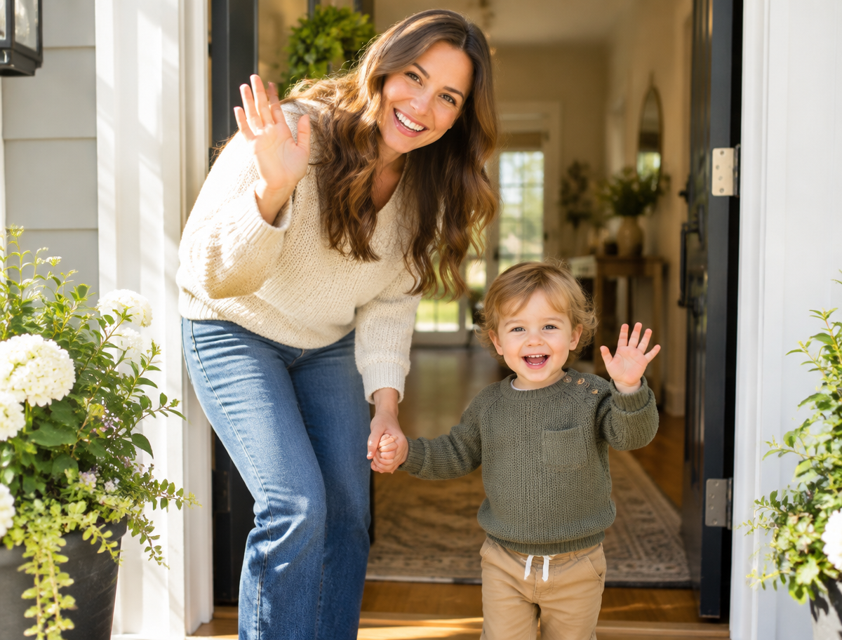 A happy parent and toddler waving hello at a sunny front door