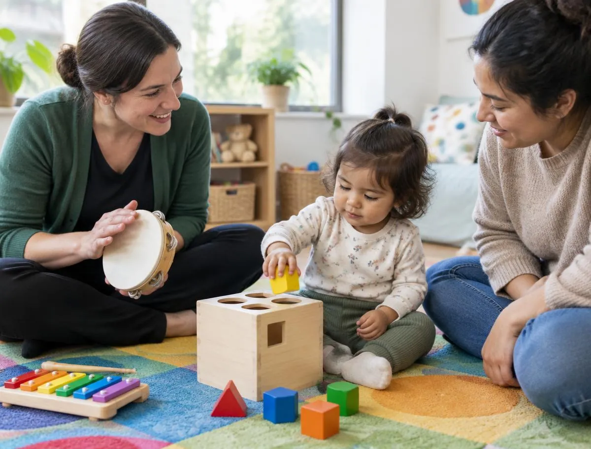 A child development specialist and a parent playing a shape-sorting and music game on the floor with a toddler