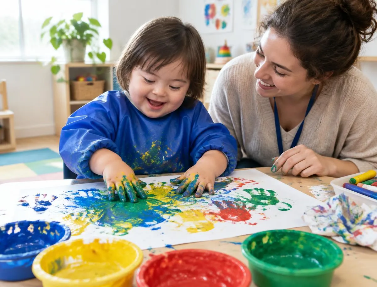 A toddler finger painting with bright colors beside a smiling early interventionist