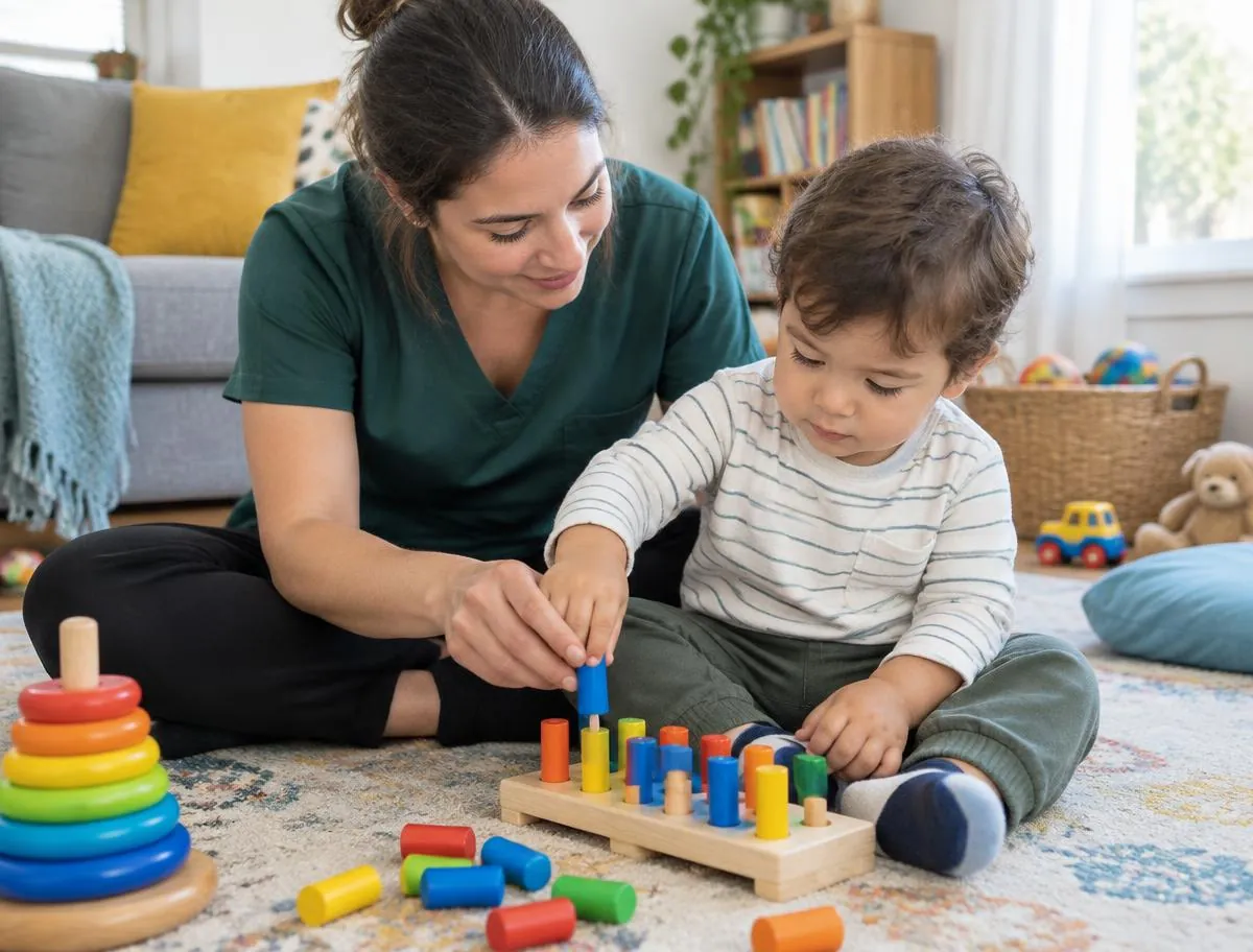 An occupational therapist guiding a toddler's hands through a wooden fine-motor peg toy