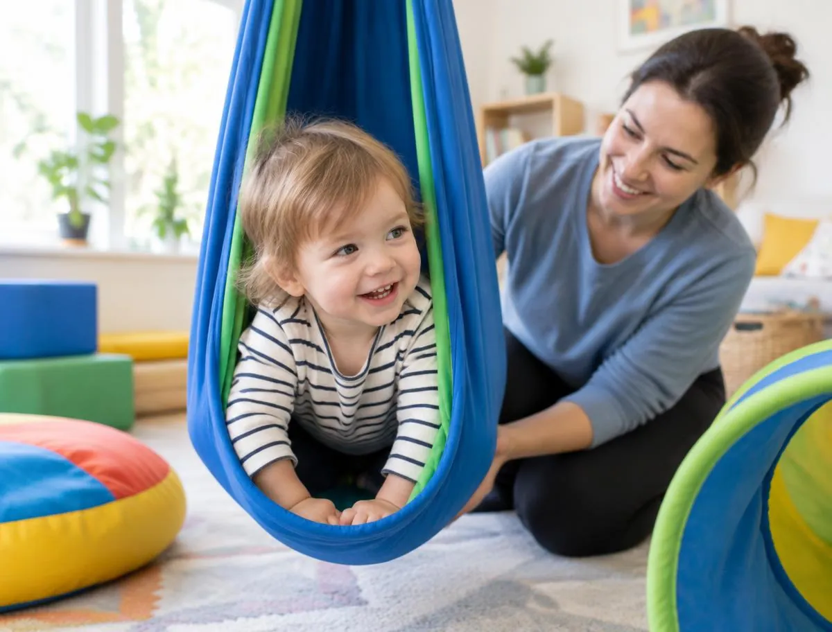A laughing toddler in a sensory swing supported by a therapist in a bright play space