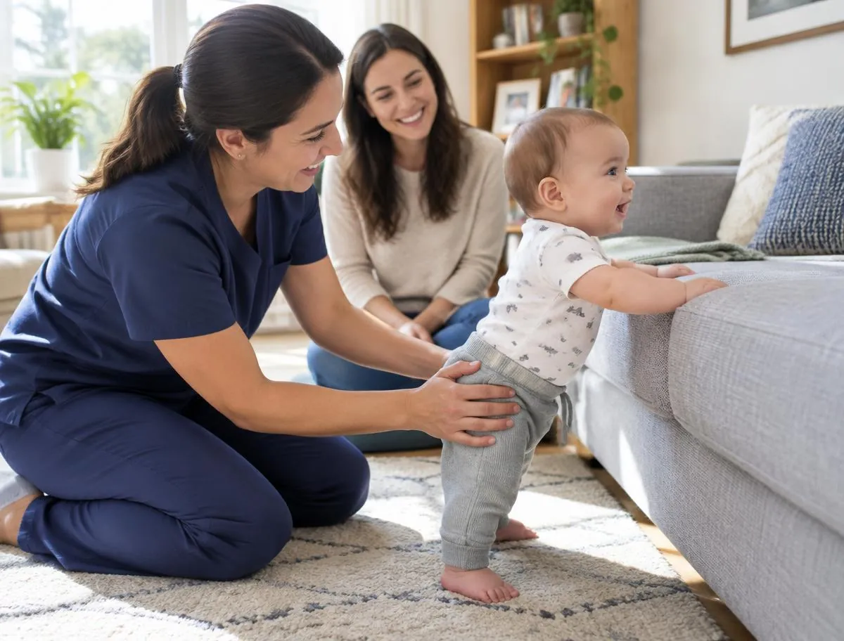 A physical therapist supporting a baby practicing standing at the couch while a parent watches