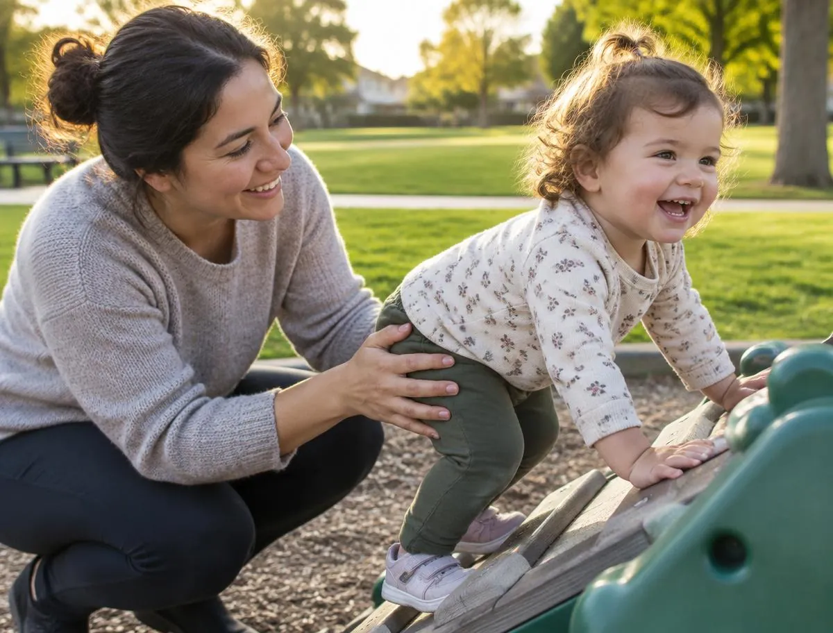 A therapist steadying a joyful toddler climbing play equipment at a neighborhood park
