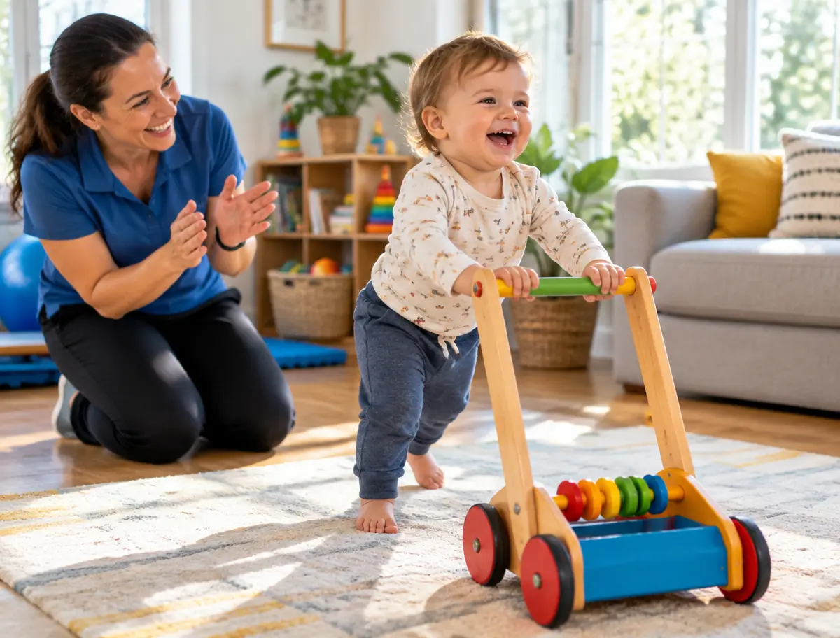 A physical therapist supporting a toddler learning to stand
