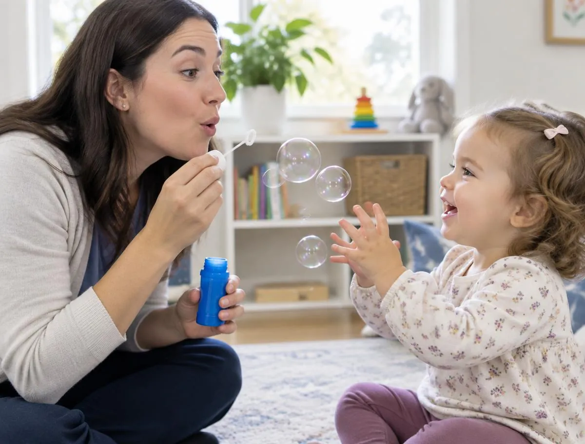 A speech language pathologist blowing bubbles face to face with a delighted toddler