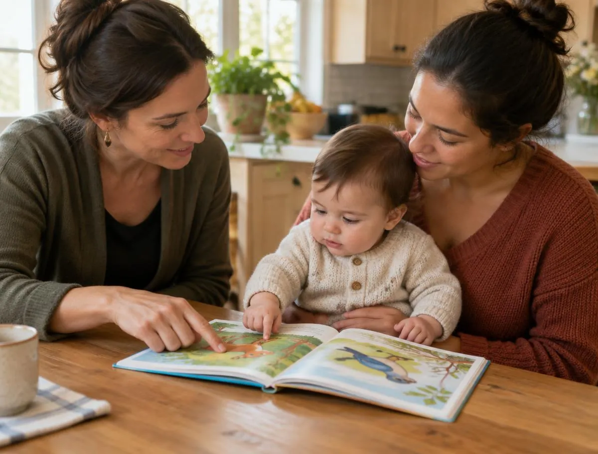 A therapist and a parent sharing a picture book with a baby at a kitchen table